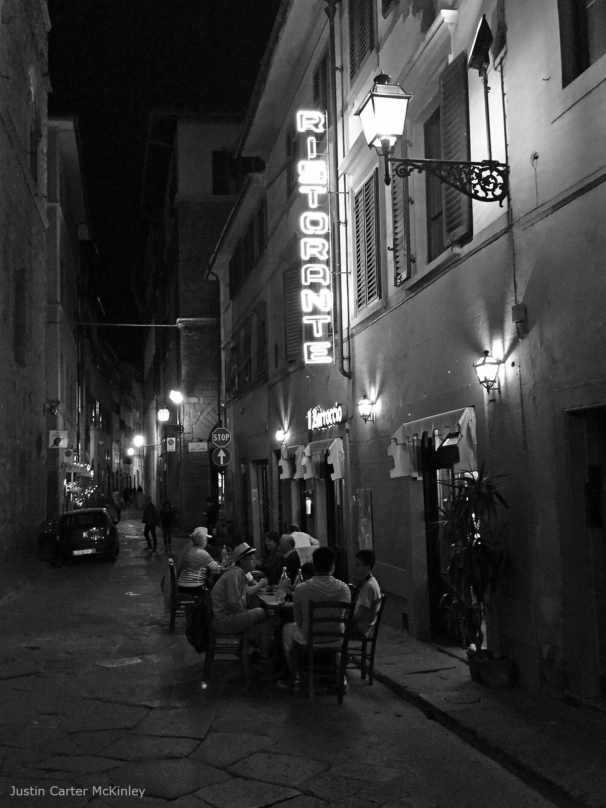 Cinematic Italy - Black and White - Ristorante With Table of Tourists in Florence