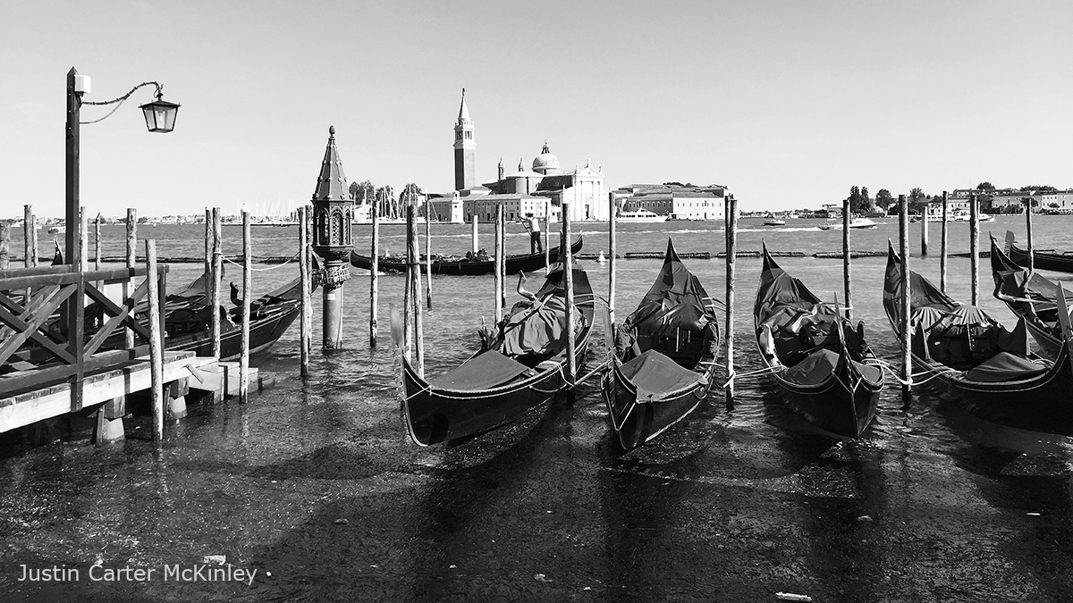 Cinematic Italy - Black and White - Line of Gondolas on the Waters of Venice