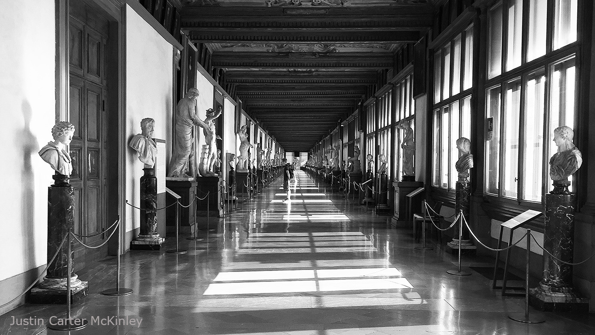 Cinematic Italy - Black and White - Linear Perspective of the Corridor in the Uffizi Gallery in Florence